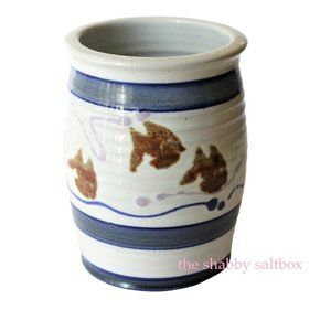 Studio Art Pottery Vase Crock Signed Gold Fish Blues Cream Beach House Decor